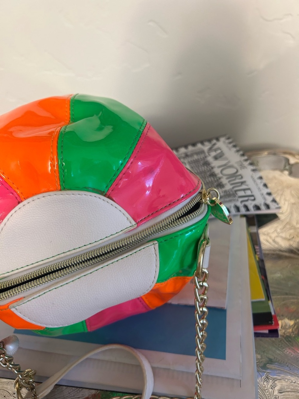 Betsey Johnson Novelty Beach ball purse in pink orange and green. - Picture 6 of 9